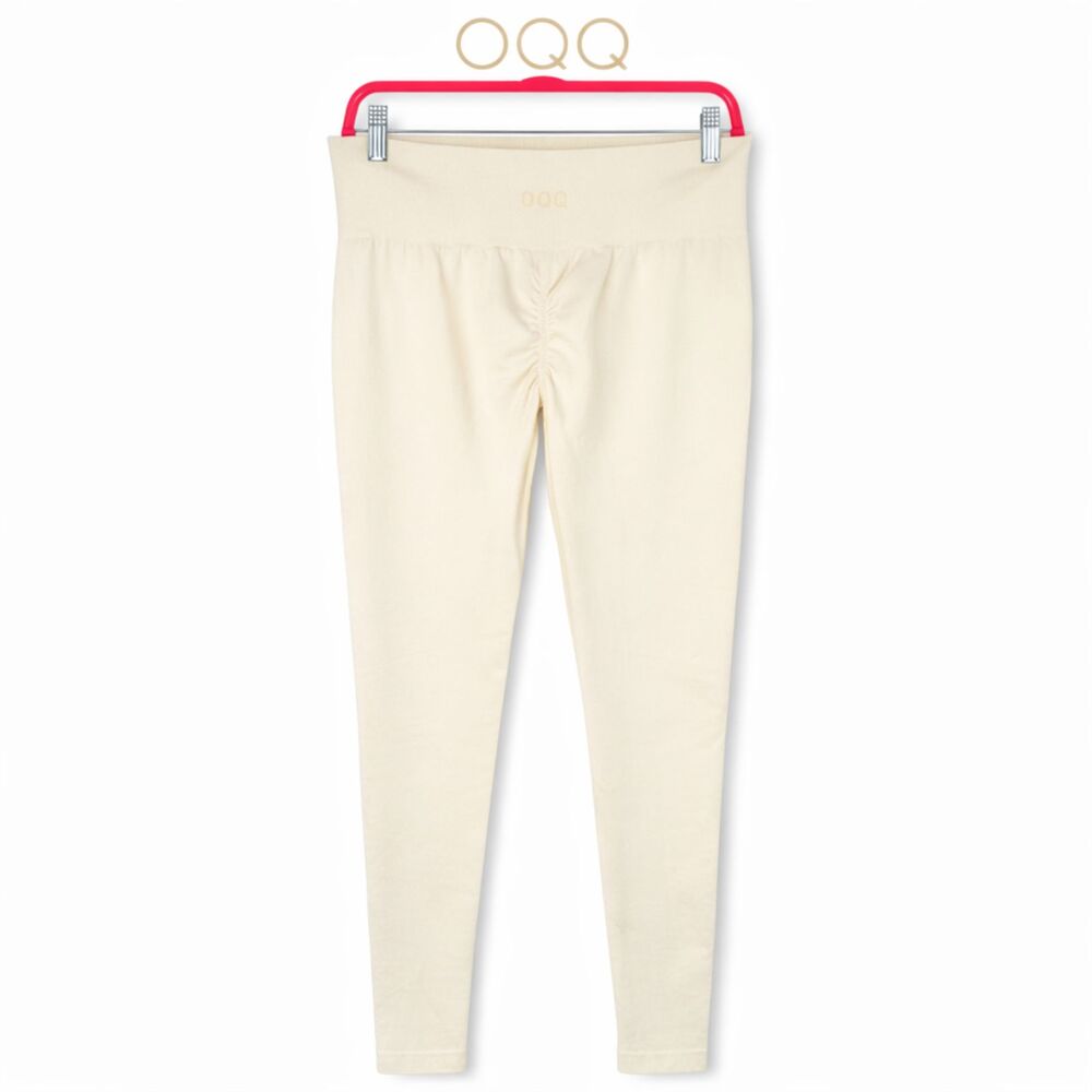 OQQ Cream High Waisted Seamless Leggings Womens M Ribbed Sculpting Yoga Pants